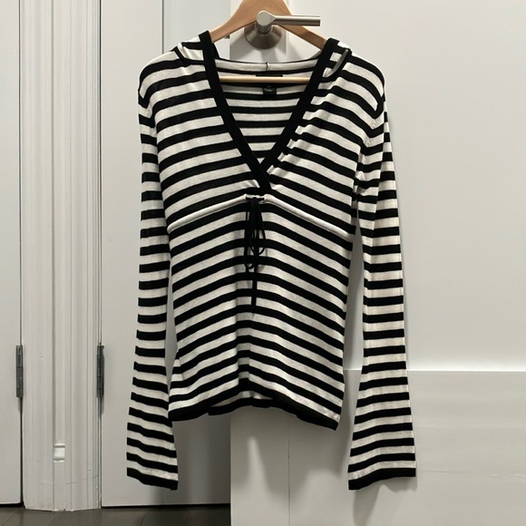 Y2K Vintage Guess Jeans Striped Lightweight V-Neck Hooded Sweater Size S - Picture 2 of 6